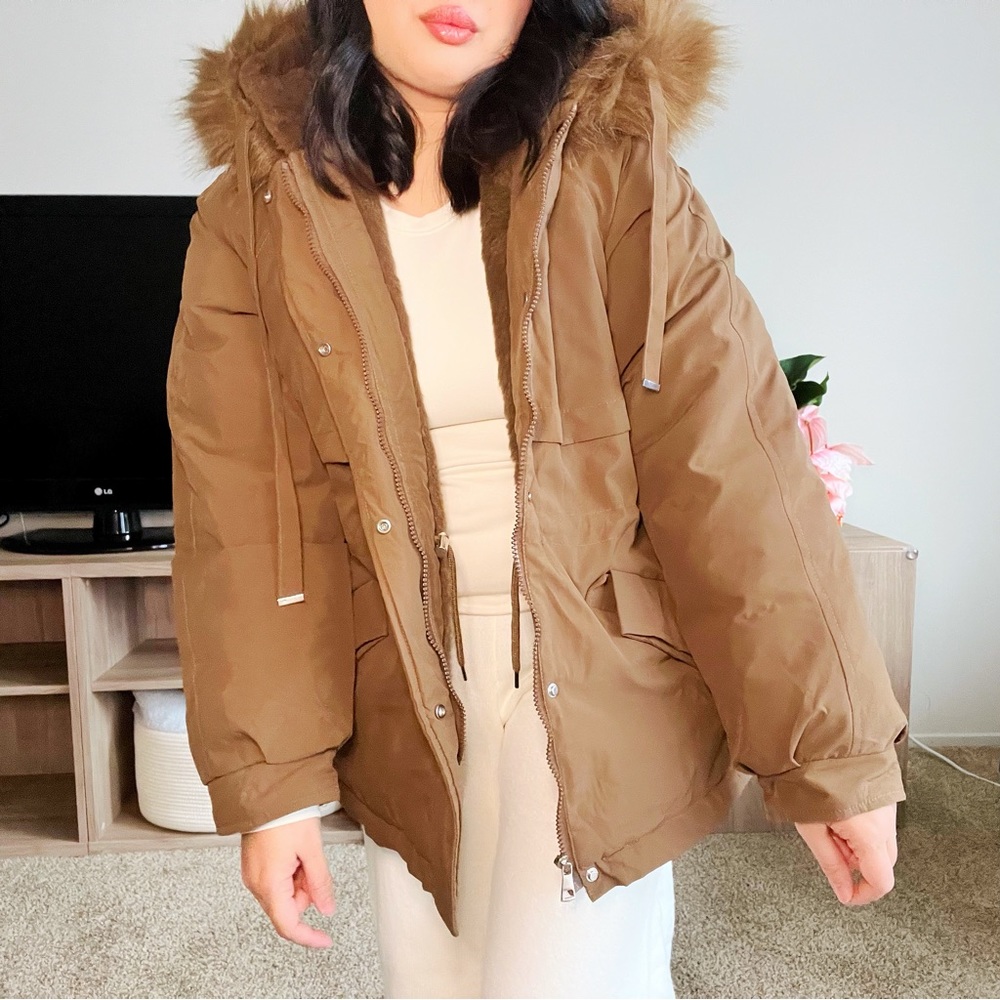 Brown hooded fur lined puffer parka coat